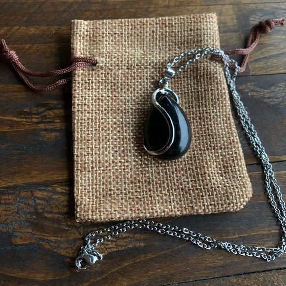 Brand New Black Obsidian Drop Pendant with Stainless steel Chain - Picture 2 of 4